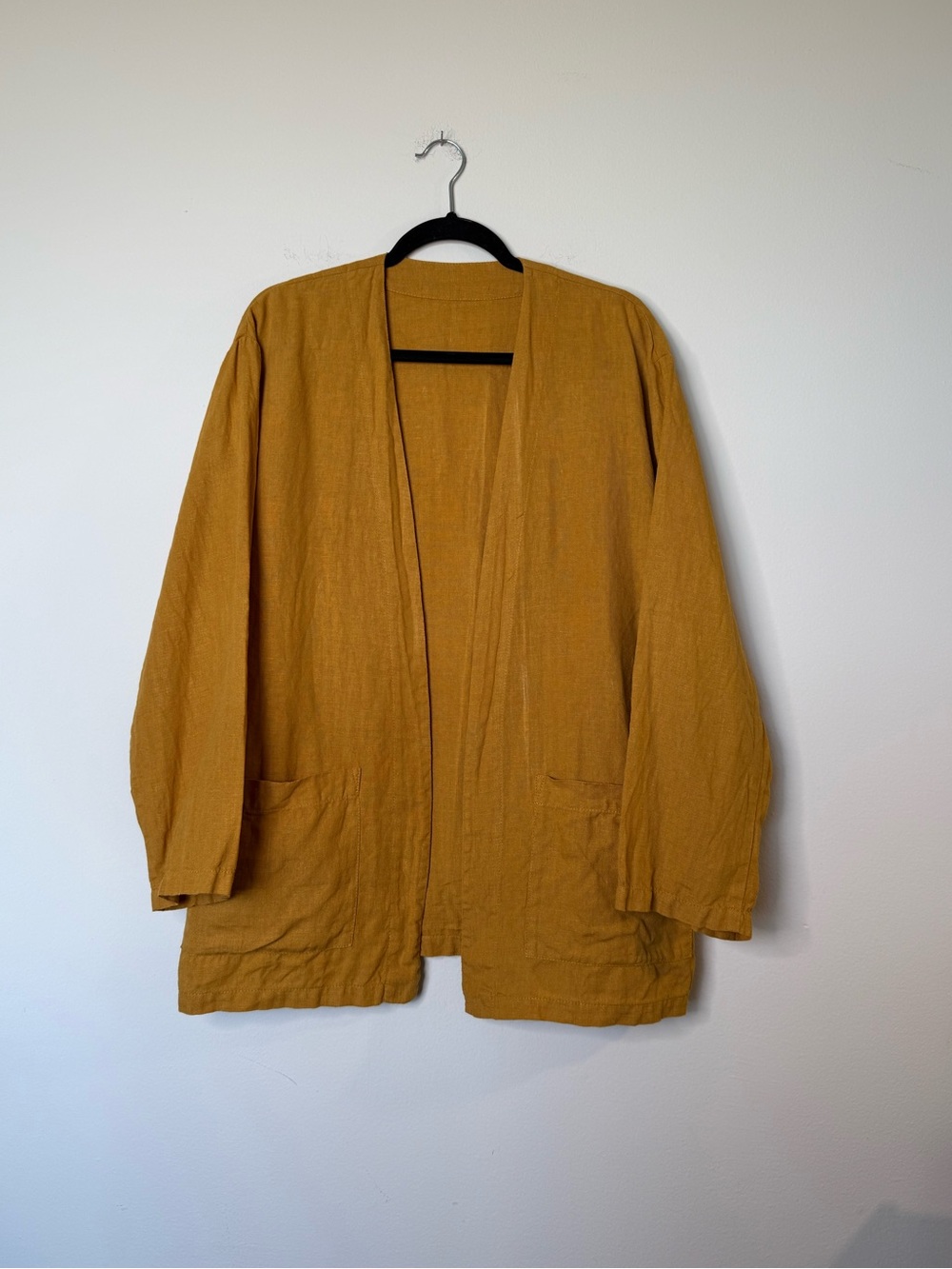 Mustard Yellow Open Front Linen Jacket - Women’s Medium Kimono Jacket